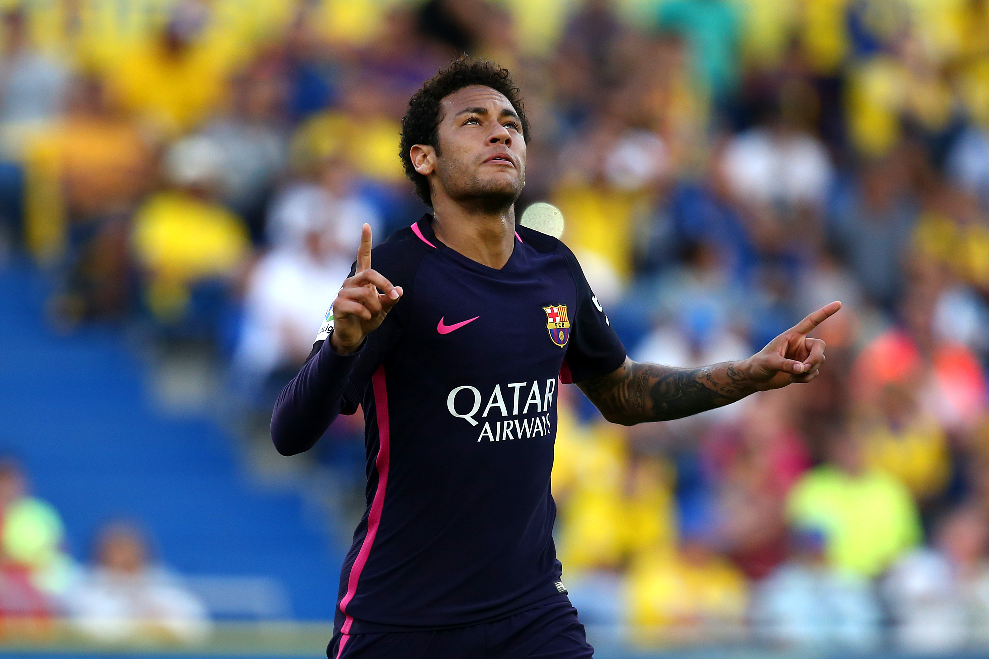 Neymar celebrates after scoring for Barcelona against Las Palmas in La Liga in May 2017.