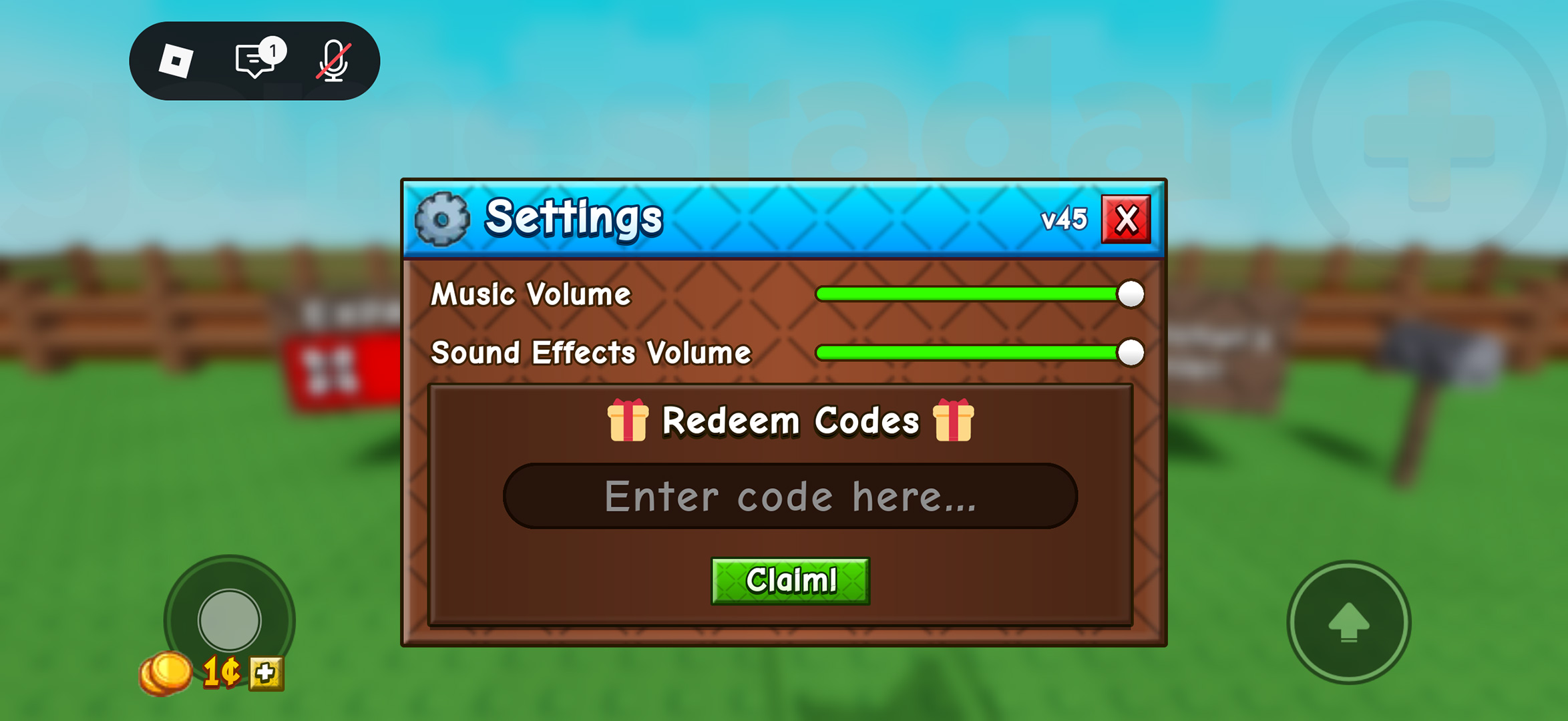 The Settings menu, where you can redeem Grow a Garden 2 codes