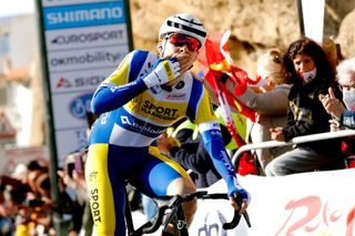 IZNAJAR SPAIN FEBRUARY 16 Rune Herregodts of Belgium and Team Sport Vlaanderen Baloise celebrates winning during the 68th Vuelta A Andalucia Ruta Del Sol 2022 Stage 1 a 2007km at stage from Ubrique to Iznjar 514m 68RdS on February 16 2022 in Iznjar Spain Photo by Bas CzerwinskiGetty Images