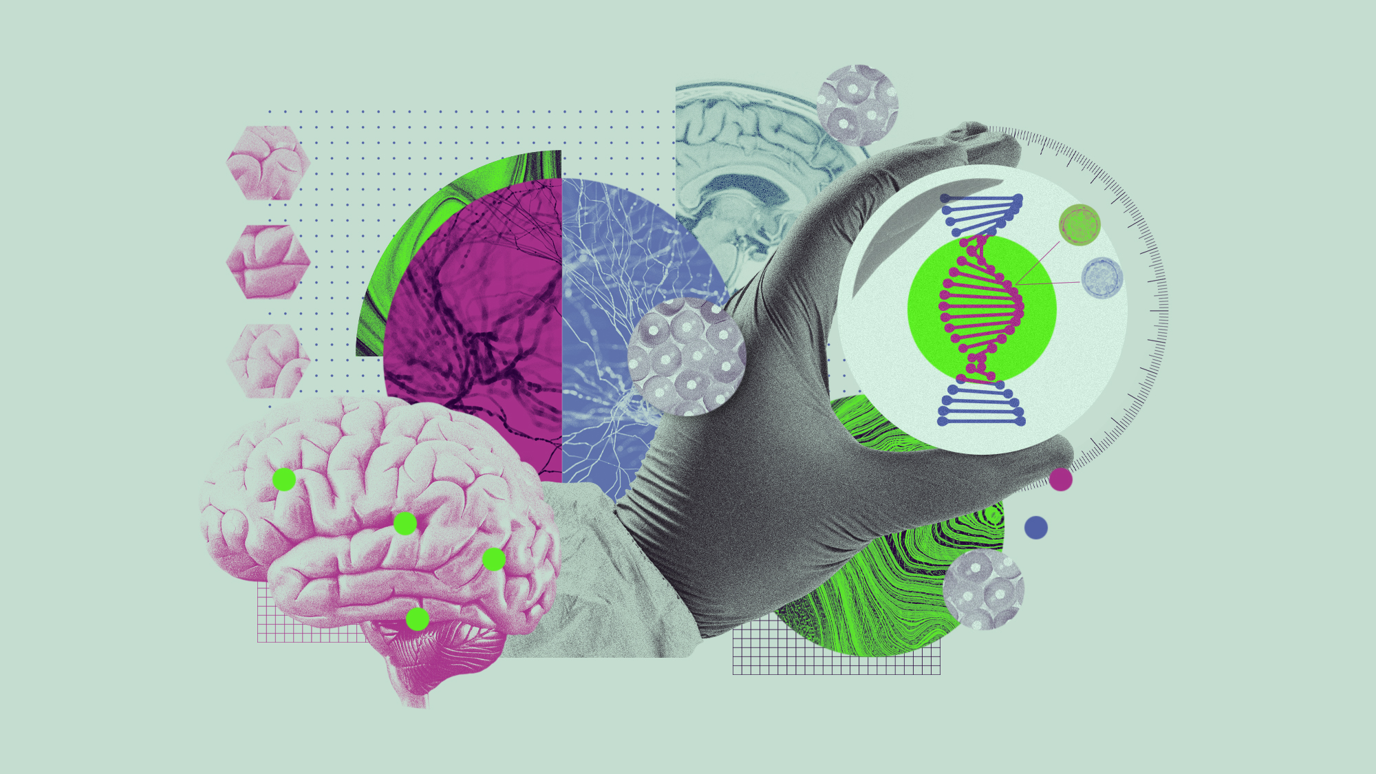 Illustration of a brain scan, living cells, DNA helix and scientist holding a petri dish