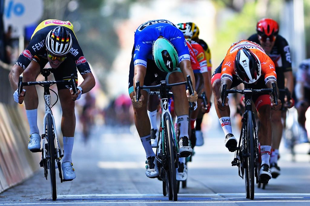 FOLLONICA ITALY SEPTEMBER 08 Sprint Arrival Pascal Ackermann of Germany and Team BoraHansgrohe Blue Leader Jersey Fernando Gaviria Rendon of Colombia and UAE Team Emirates Orange Points Jersey Tim Merlier of Belgium and Team AlpecinFenix during the 55th TirrenoAdriatico 2020 Stage 2 a 201km stage from Camaiore to Follonica TirrenAdriatico on September 08 2020 in Follonica Italy Photo by Justin SetterfieldGetty Images