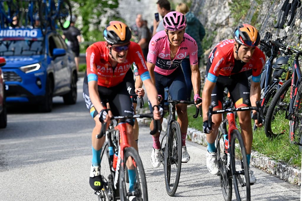 ITALY - MAY 25: Wouter Poels of Netherlands and Team Bahrain Victorious, Richard Carapaz of Ecuador and Team INEOS Grenadiers Pink Leader Jersey and Mikel Landa Meana of Spain and Team Bahrain Victorious during the 105th Giro d&#039;Italia 2022, Stage 17 #Giro / #WorldTour / on May 25, 2022 (Photo by Tim de Waele/Getty Images)