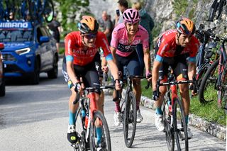 ITALY - MAY 25: Wouter Poels of Netherlands and Team Bahrain Victorious, Richard Carapaz of Ecuador and Team INEOS Grenadiers Pink Leader Jersey and Mikel Landa Meana of Spain and Team Bahrain Victorious during the 105th Giro d'Italia 2022, Stage 17 #Giro / #WorldTour / on May 25, 2022 (Photo by Tim de Waele/Getty Images)