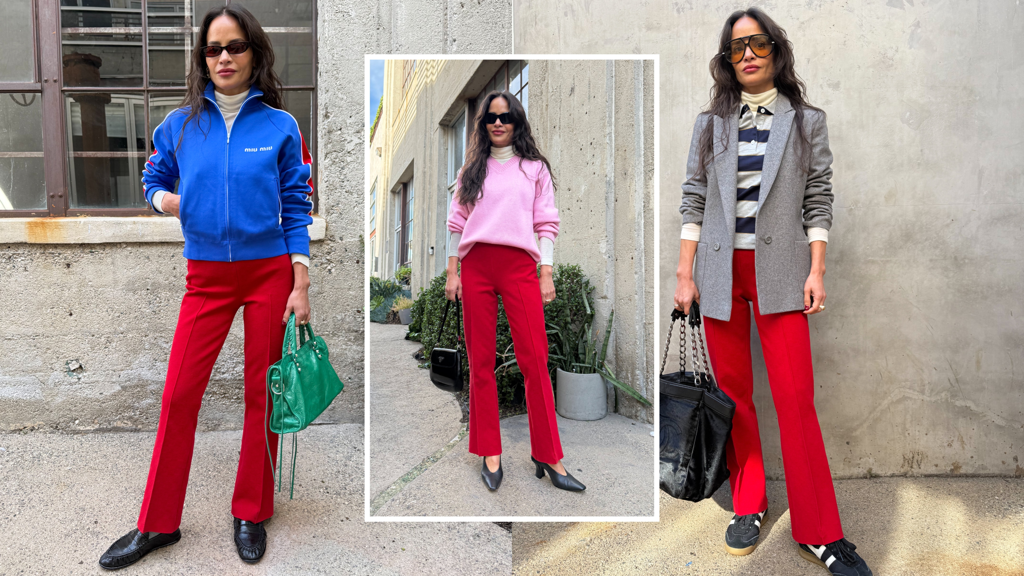 collage of Sophie Lopez wearing red pants 