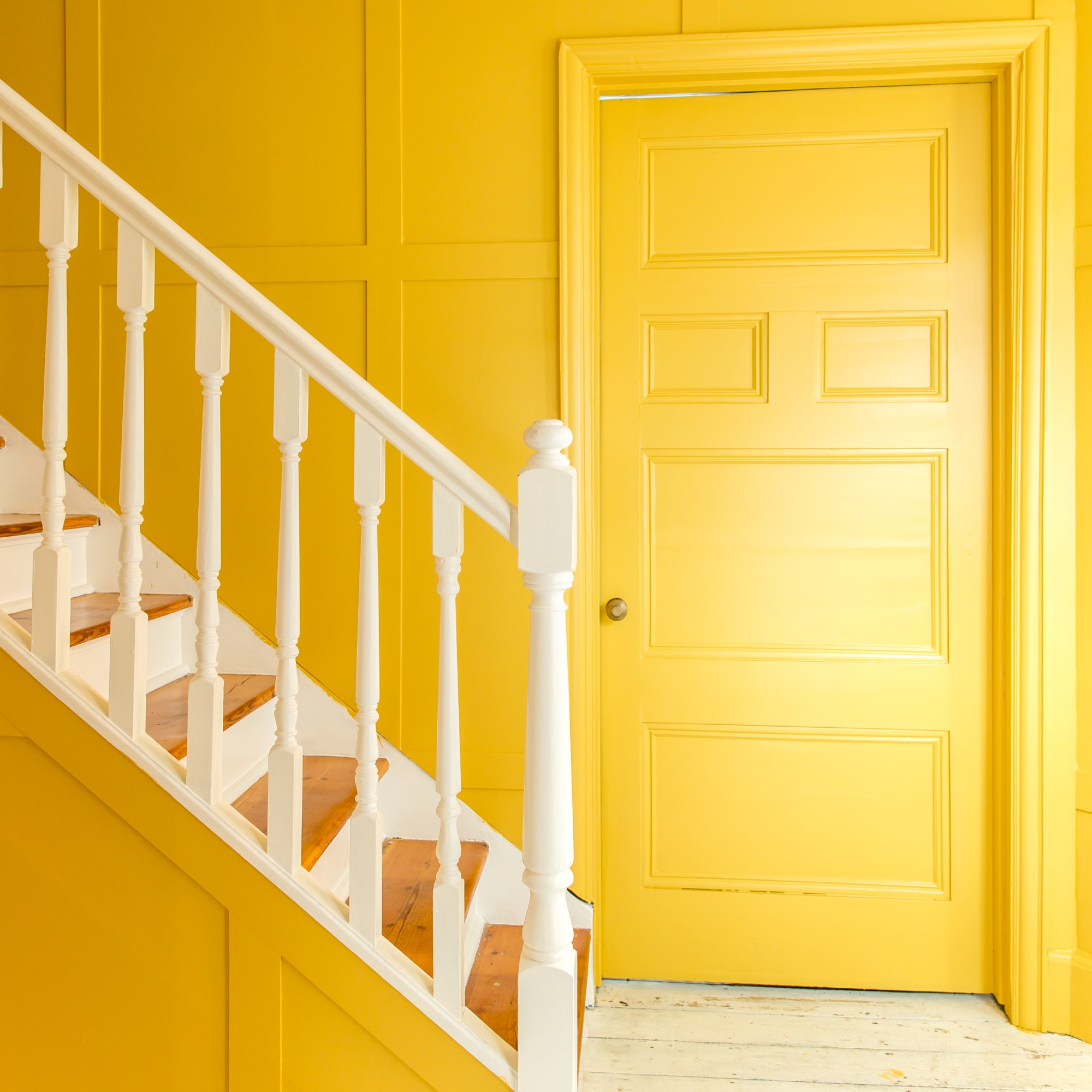 A bright yellow hallway with a slight sheen on the walls with a colour-drenched door and a white staircase