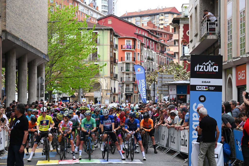 EIBAR SPAIN APRIL 06 LR Mattias Skjelmose of Denmark and Team Lidl Trek Yellow Leader Jersey Louis Meintjes of South Africa and Team Intermarche Wanty Polka Dot Mountain Jersey Alex Aranburu of Spain and Movistar Team Green Points Jersey Juan Ayuso of Spain and UAE Team Emirates Blue Best Young Rider Jersey and Romain Gregoire of France and Team Groupama FDJ prior to the 63rd Itzulia Basque Country 2024 Stage 6 a 1378km stage from Eibar to Eibar UCIWT on April 06 2024 in Eibar Spain Photo by Tim de WaeleGetty Images