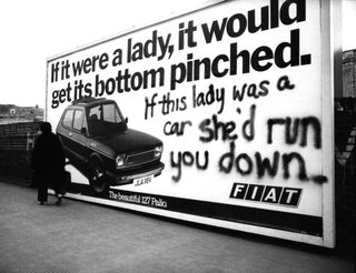 Jill Posener graffiti on Fiat advert, 1970s