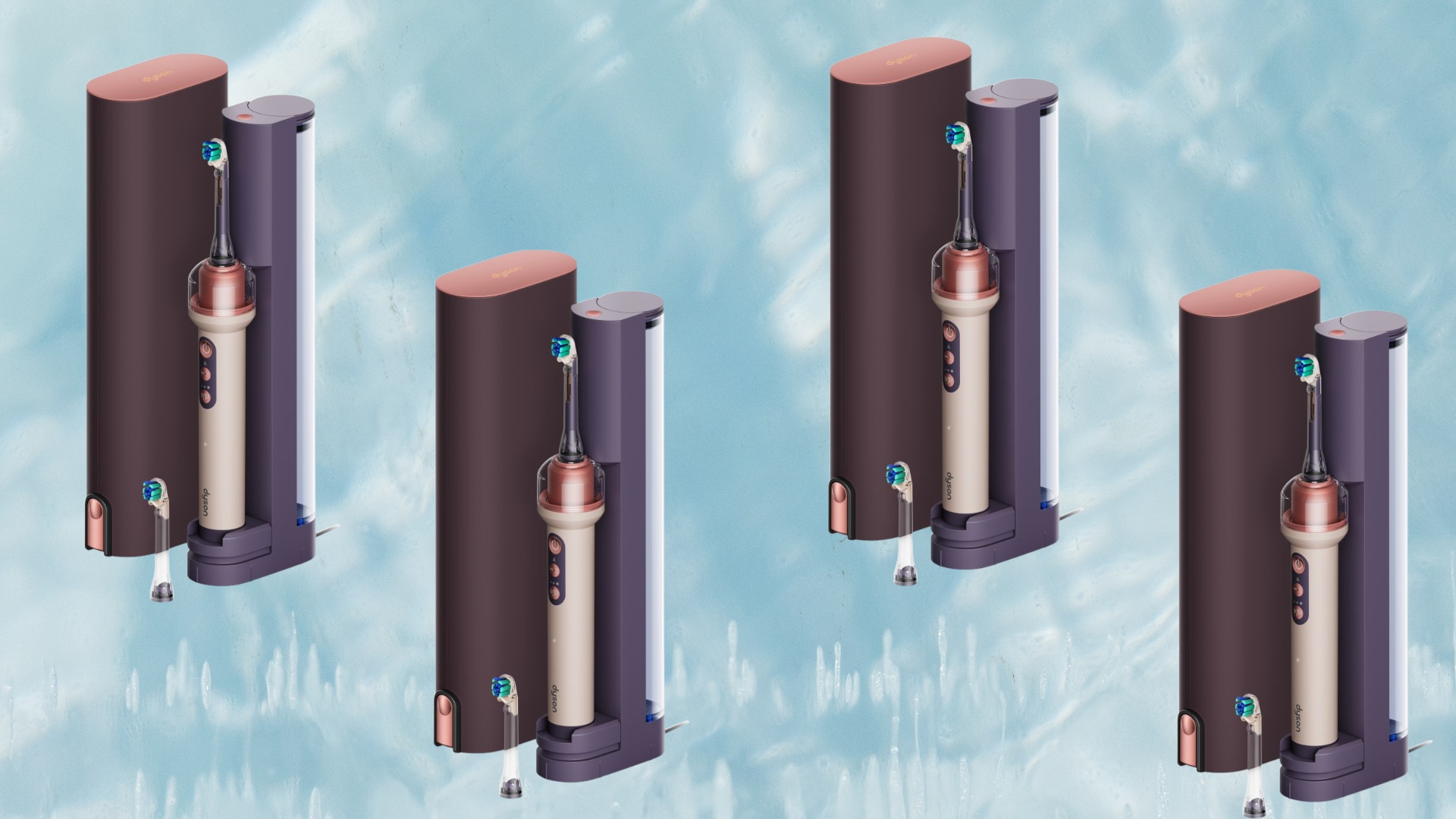 4 dyson camerajeta toothbrushes on a blue background