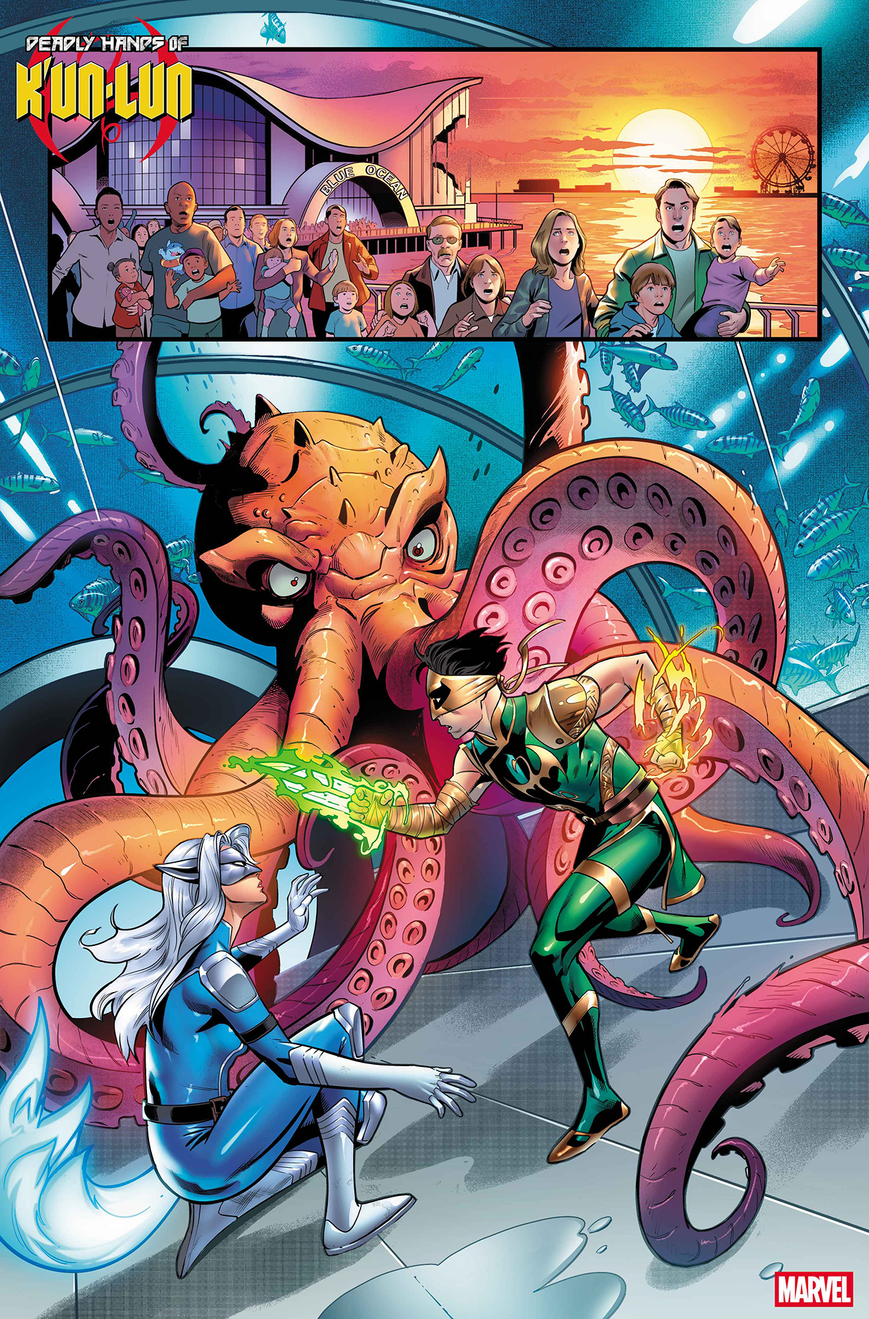 Lin Lie and White Fox facing off against a giant octopus