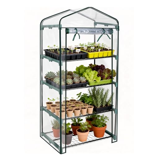 Worth Garden 4 Tier Mini Greenhouse - 63'' H X 27'' L X 19'' W - Sturdy Portable Gardening Shelves With Pvc Cover - Small Green House Use in Indoor &amp;amp; Outdoor for Plants Flowers