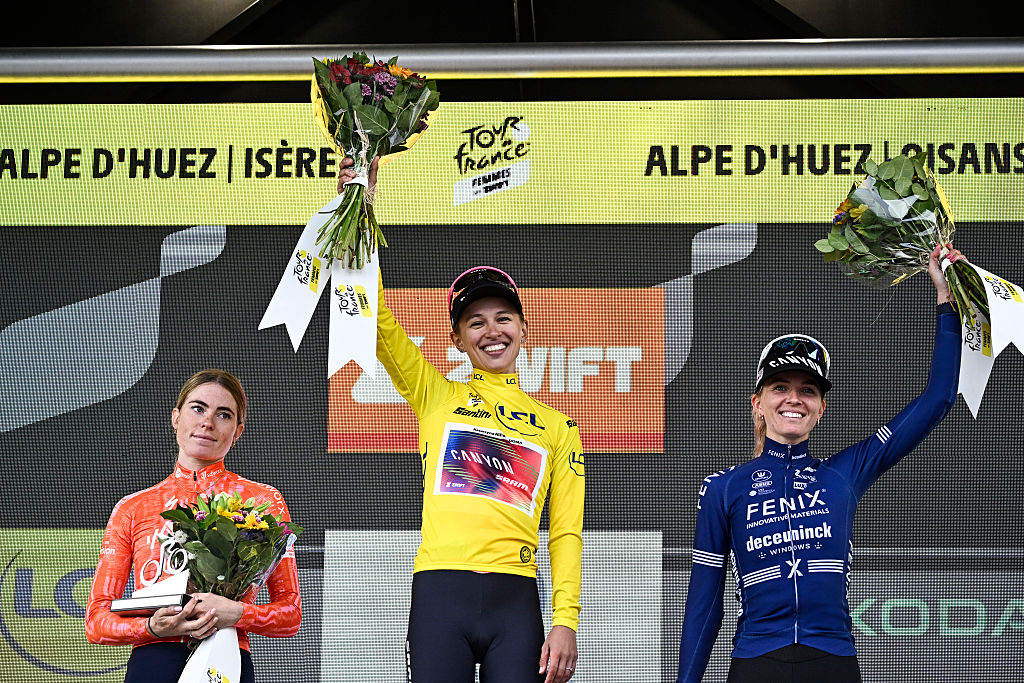 (From L) Stage winner and second placed Team SD Worx - Protime's Dutch rider Demi Vollering, Overalll leader and first placed Canyon//SRAM Racing team's Polish rider Katarzyna Niewiadoma wearing the overall leader's yellow jersey and third placed Fenix-Deceuninck team's Dutch rider Pauliena Rooijakkers celebrate on the podium after competing in the 8th and last stage of the third edition of the Women's Tour de France cycling race, a 149.9 km between Le Grand Bornand and the Alpe d'Huez, in L'Alpe d'Huez, south-eastern France, on August 18, 2024. (Photo by JULIEN DE ROSA / AFP)