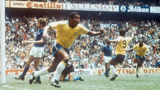 Jairzinho celebrates a goal for Brazil against Italy in the 1970 World Cup final.