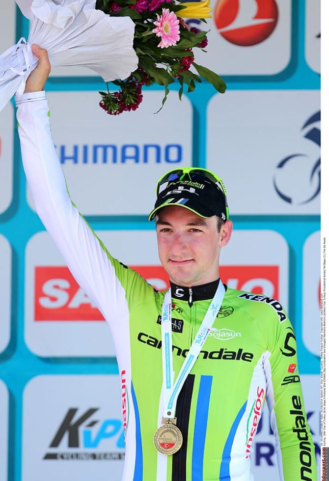 Elia Viviani on the podium