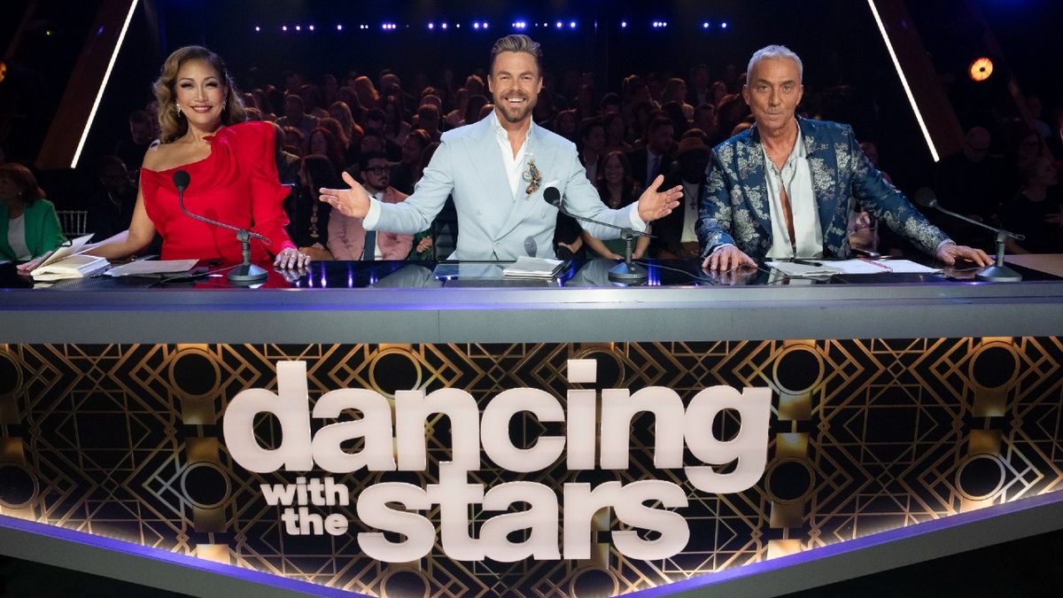 Carrie Ann Inaba, Derek Hough, and Bruno Toniloi at the judges&#039; table for Disney Night on Dancing With the Stars Season 33.