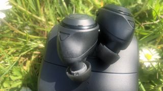 a closeup of the ath-cks50tw true wireless earbuds