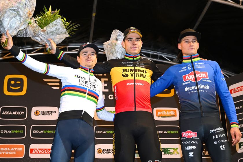 ANTWERPEN, BELGIUM - DECEMBER 28: (L-R) Thomas Pidcock of United Kingdom and Team INEOS Grenadiers on second place, race winner Wout Van Aert of Belgium and Team Jumbo - Visma and Mathieu Van Der Poel of Netherlands and Team Alpecin-Deceuninck on third place celebrate on the podium ceremony after during the 46th Superprestige Cyclocross Diegem 2022 - Men&amp;apos;s Elite / #Superprestige2023 / on December 28, 2022 in Antwerpen, Belgium. (Photo by Luc Claessen/Getty Images)