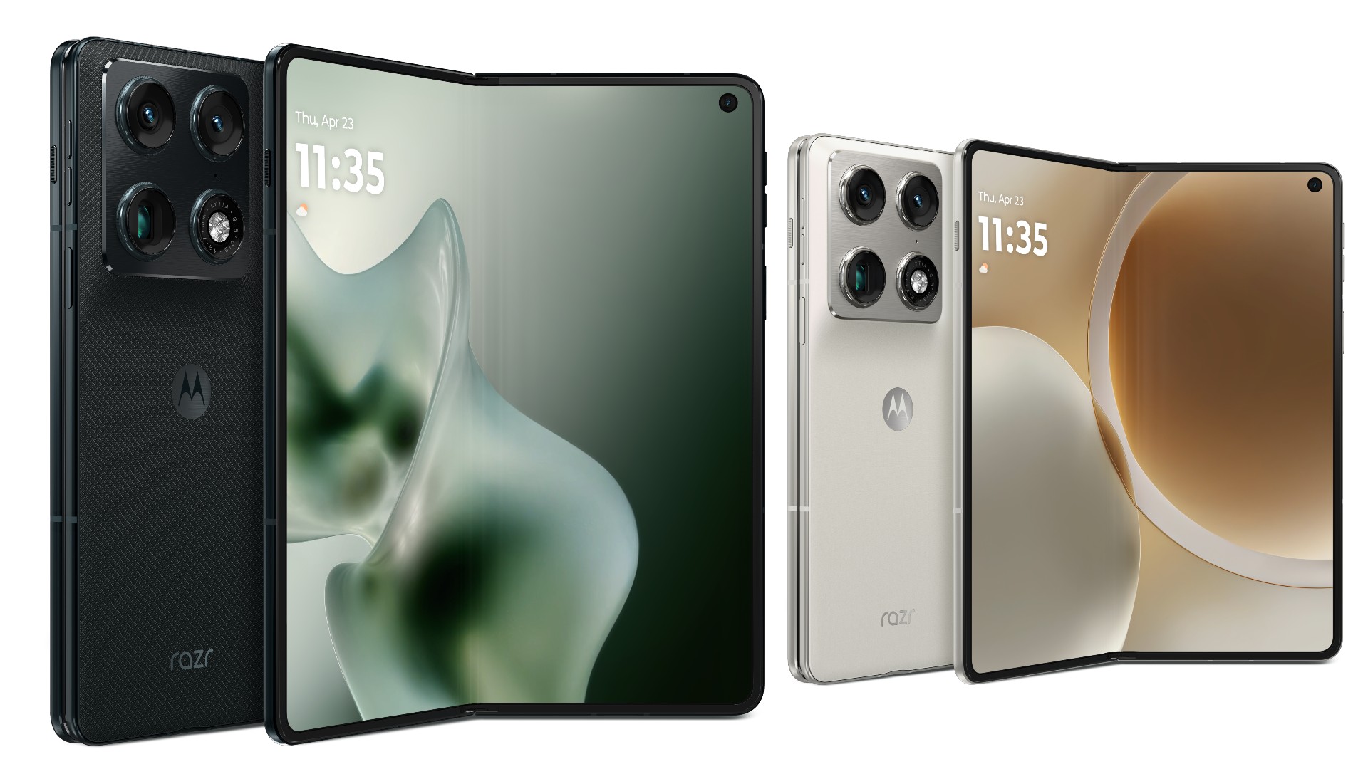 Side-by-side comparison of two Motorola Razr folding phones, one in black and one in white, both partially unfolded to reveal their large internal screens and quad-camera arrays.