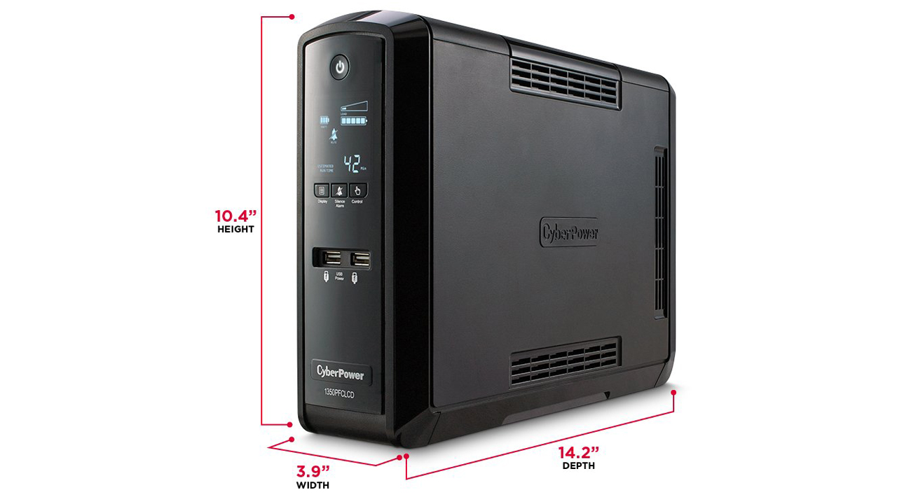 CyberPower CP1500PFCLCD UPS with dimensions noted