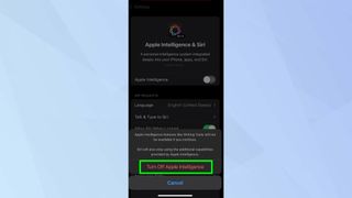 Turn off Apple Intelligence highlighted