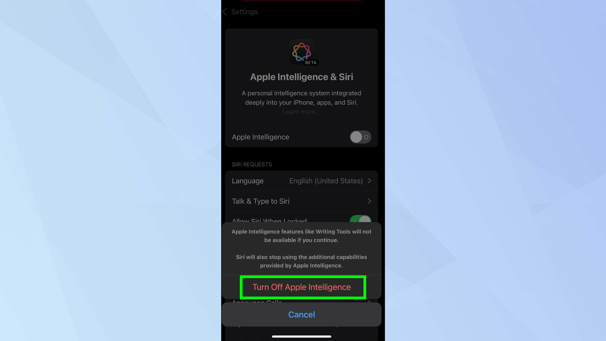 Turn off Apple Intelligence highlighted