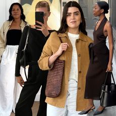 fashion collage of style influencers including Karina Marriott, Christie Tyler, Anna Newton, and Sylvie Mus wearing rich-looking spring outfits with linen pants, a boatneck top, woven bag, and slingback heels