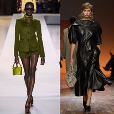 a collage showing some of the biggest fall fashion trends that can be bought on sale right now from the 2024 runway collections of Bottega Veneta and Gucci, specifically a woman wearing an olive green suit and a woman wearing a black leather dress