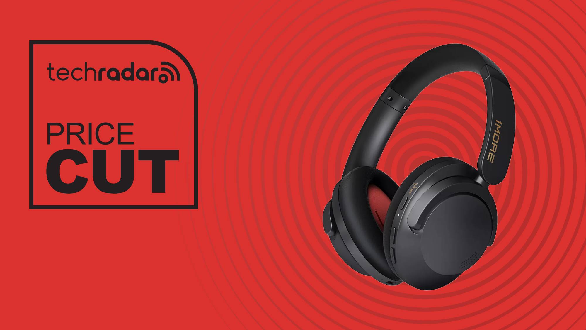 1More Sonoflow Pro HQ51 on a red background, with the words 'TechRaddar: Price Cut' positioned to the left of the headphones
