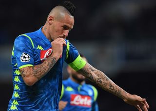 Marek Hamsik celebrates after scoring for Napoli against Red Star Belgrade in the Champions League in November 2018.