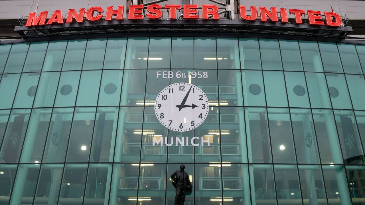 A clock at Man Utd’s Old Trafford stadium commemorates the 1958 Munich air disaster