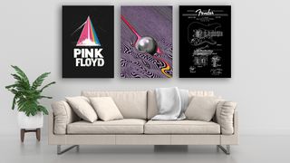 Three Displate posters on a wall above a sofa