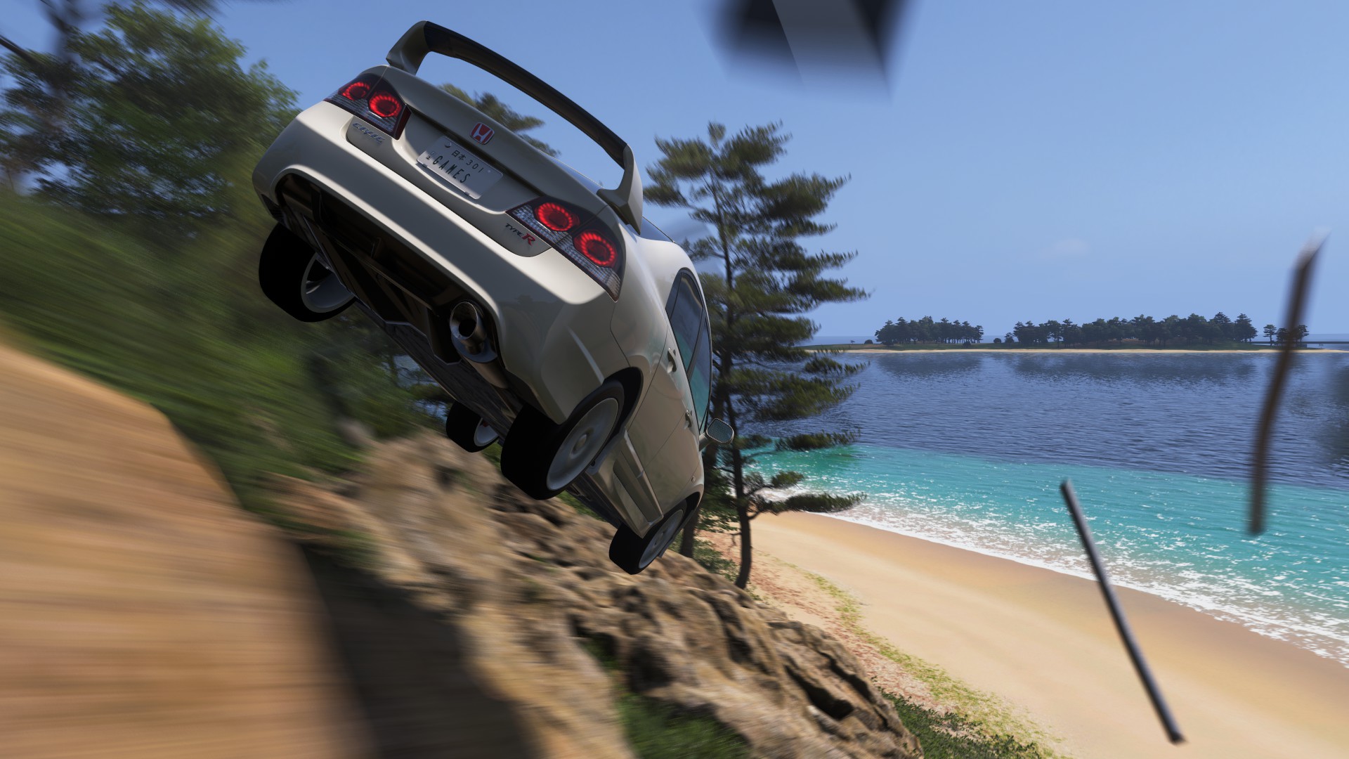 A car driving off a rocky cliff in Forza Horizon 6.