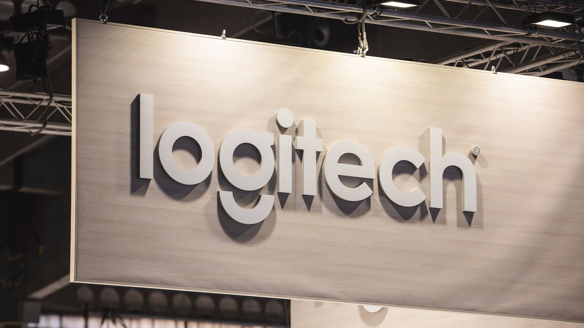 Logitech logo and branding pictured at the company&#039;s booth at ISE 2023 and IoT Solution World Congress at Fira Barcelona.