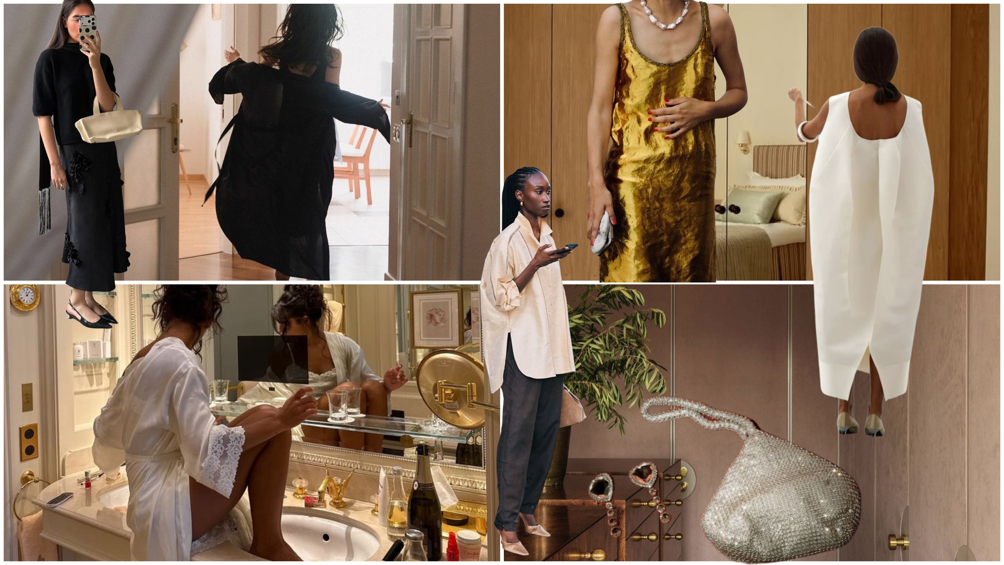 Collage of elegant going-out outfits featuring black sheer dresses, a gold slip dress, a sculptural white gown, oversized shirting, pearl accessories, and a crystal evening bag.
