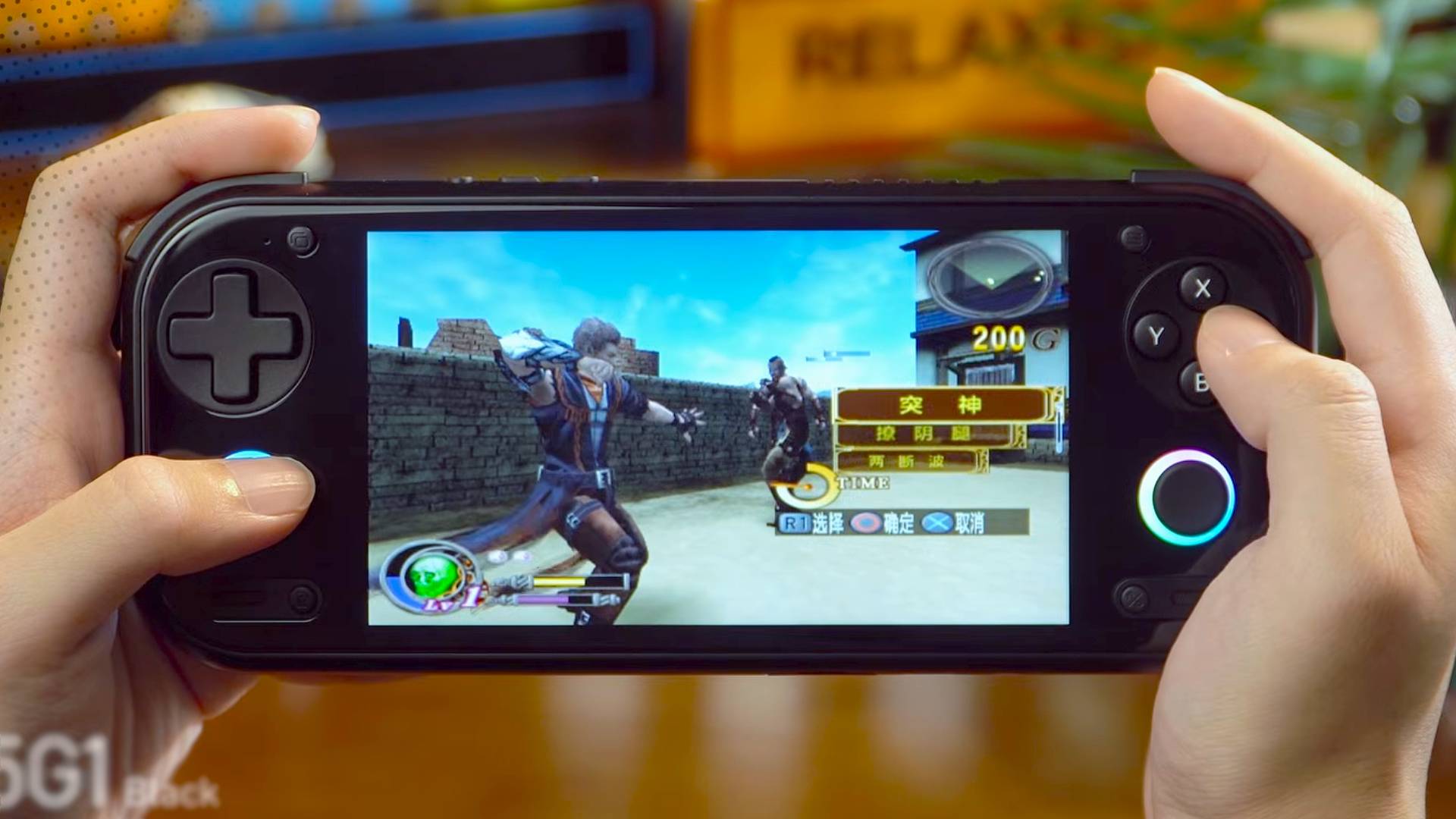 Hands using Anbernic RG 55G1 to play God Hand for PS2.