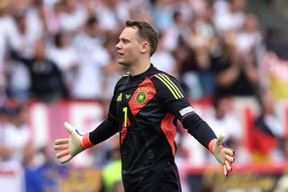Manuel Neuer of Germany celebrates after Jamal Musiala of Germany (not pictured) scores his team's first goal during the UEFA EURO 2024 group stage match between Germany and Hungary at Stuttgart Arena on June 19, 2024 in Stuttgart, Germany