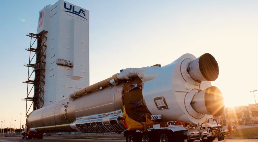 United Launch Alliance&#039;s Atlas 5 booster sits on the mobile launch platform at the Vertical Integration Facility adjacent to Space Launch Complex-41 at Cape Canaveral Air Force Station. The rocket will launch the fifth Advance dExtremely High Frequency (AEHF-5) protected communications satellite for the U.S. Air Force.