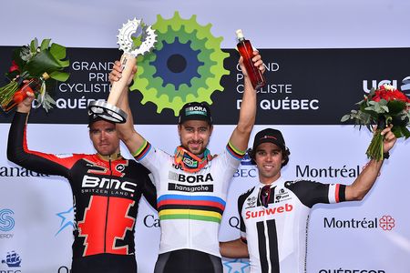 Greg Van Avermaet (BMC), Peter Sagan (Bora-Hansgrohe) and Michael Matthews (Sunweb) on the podium
