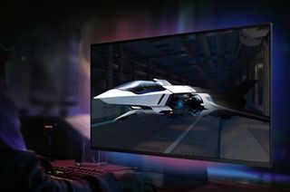 A Samsung monitor with a 3D image of a spaceship