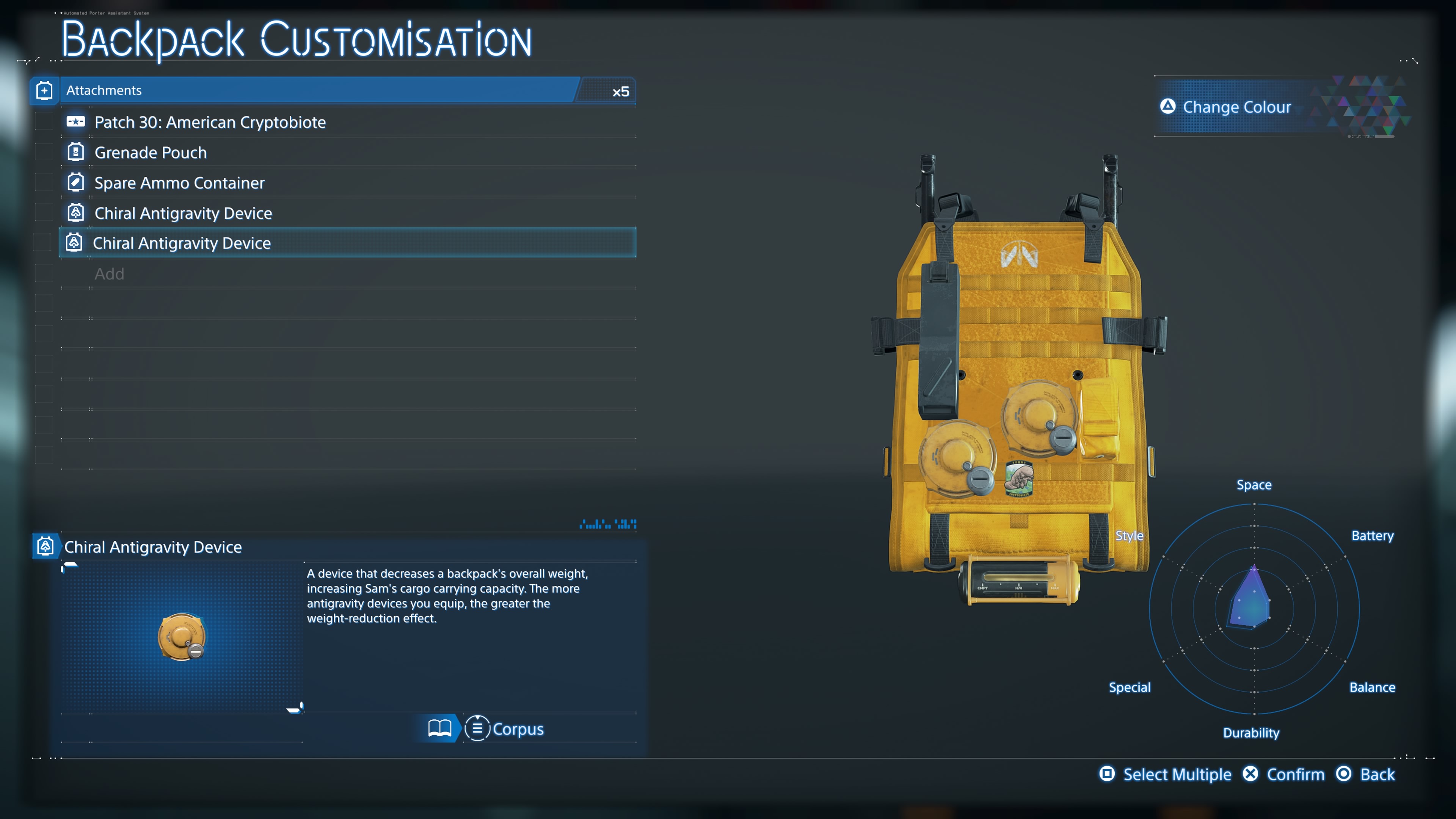 Death Stranding 2 carry capacity: Placing Chrial Antigravity Devices on Sam's backpack in the equipment menu.