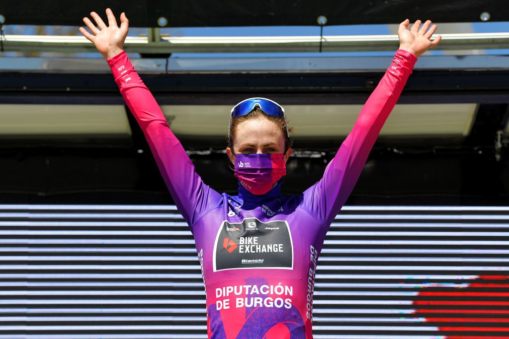 SARGENTES DE LA LORA SPAIN MAY 20 Grace Brown of Australia and Team BikeExchange Purple Leader Jersey celebrates at podium during the 6th Vuelta a Burgos Feminas 2021 Stage 1 a 100km stage from Villadiego to Sargentes de la Lora 1013m VueltaBurgos BurgosFem UCIWWT on May 20 2021 in Sargentes de la Lora Spain Photo by Luc ClaessenGetty Images
