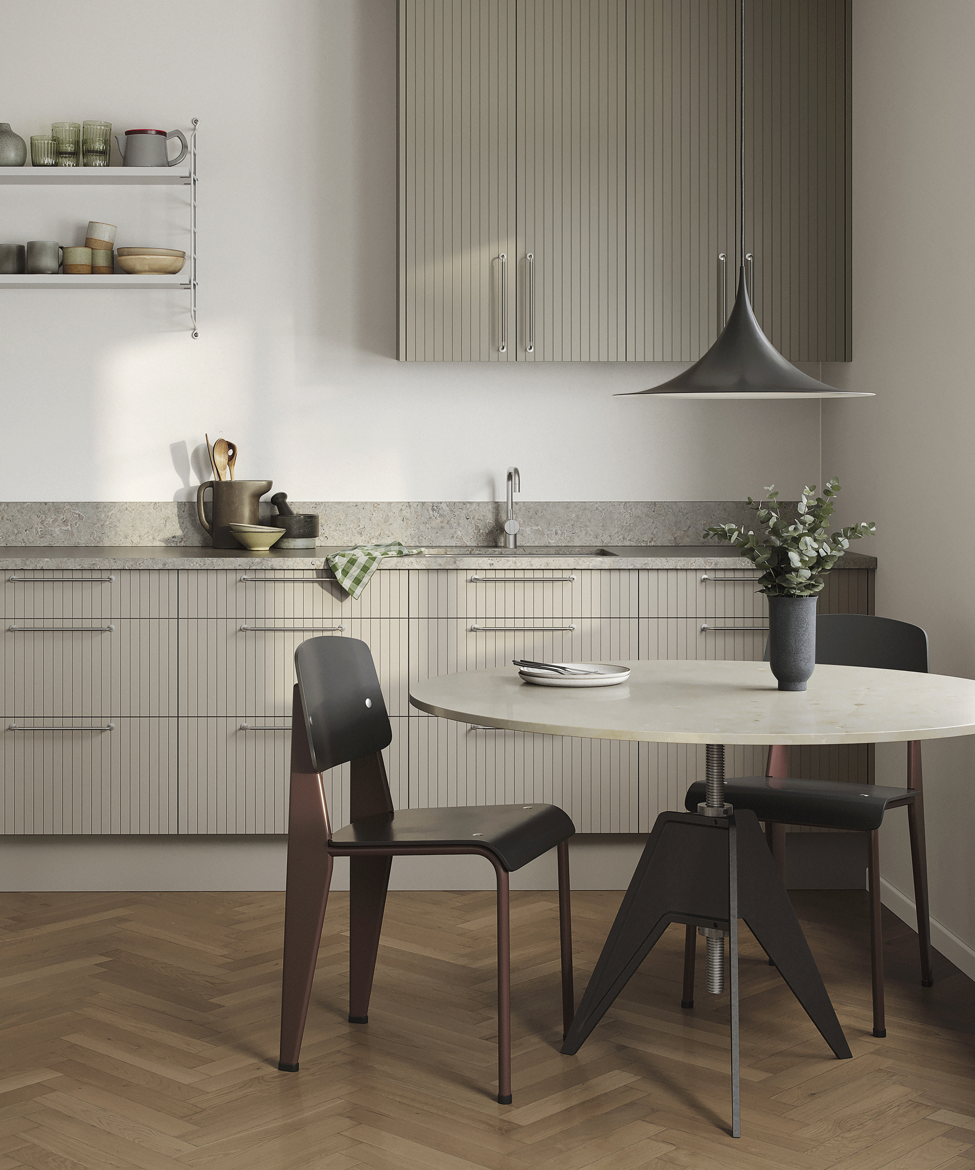 White kitchen with white round table