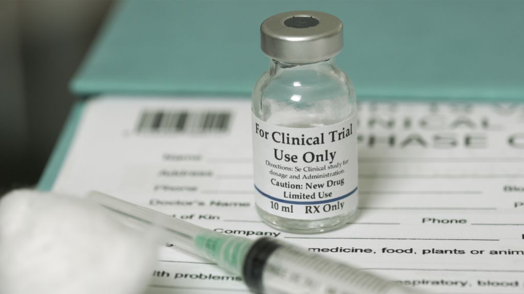 vaccine vial with label &quot;for clinical trial use only&quot;