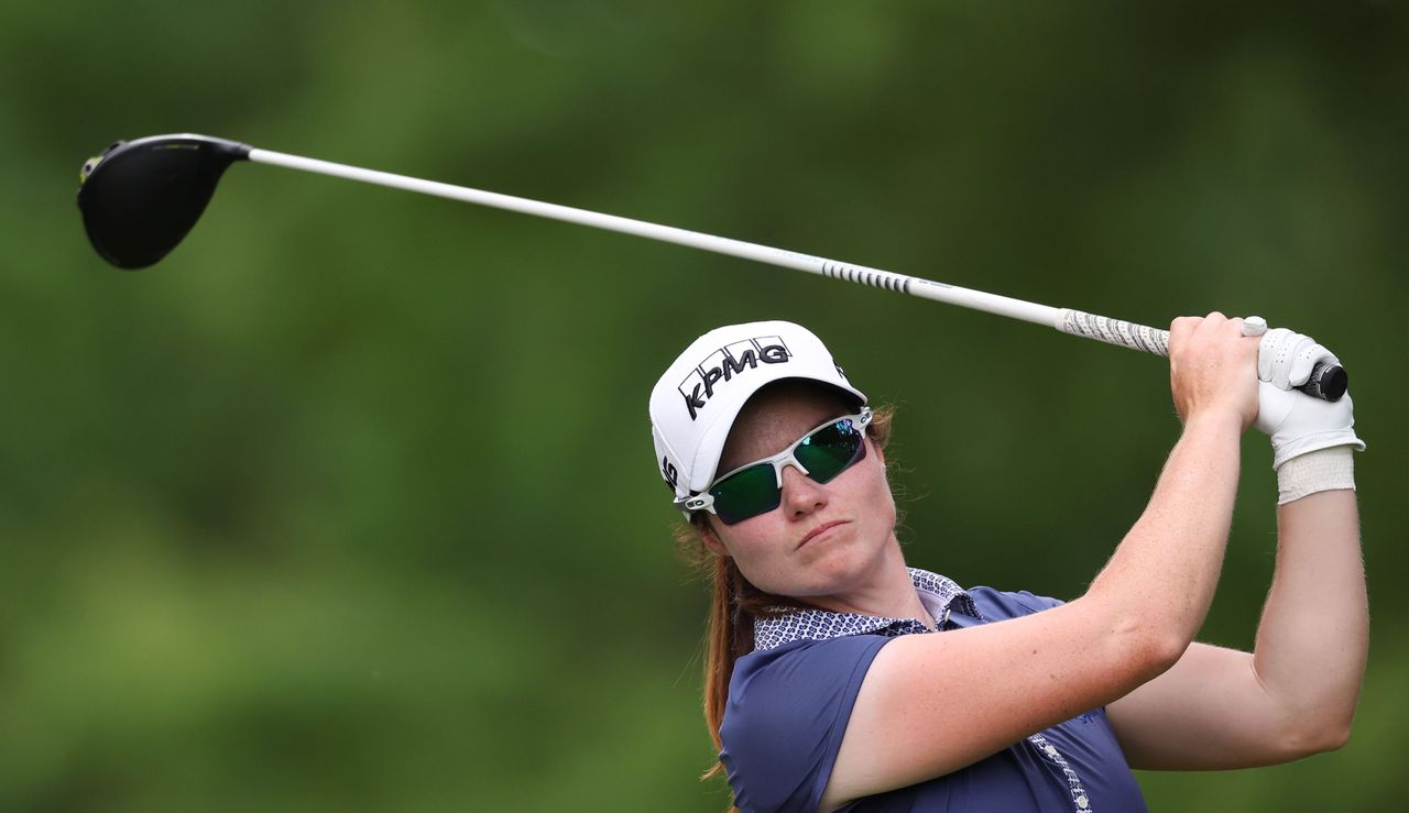 Leona Maguire watches her tee shot