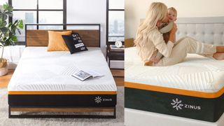 Zinus Cooling Copper Mattress in light bedroom with plant and wooden / black metal bedbase