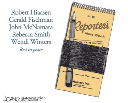 Editorial cartoon U.S. Capital Gazette victims obituary journalism shooting