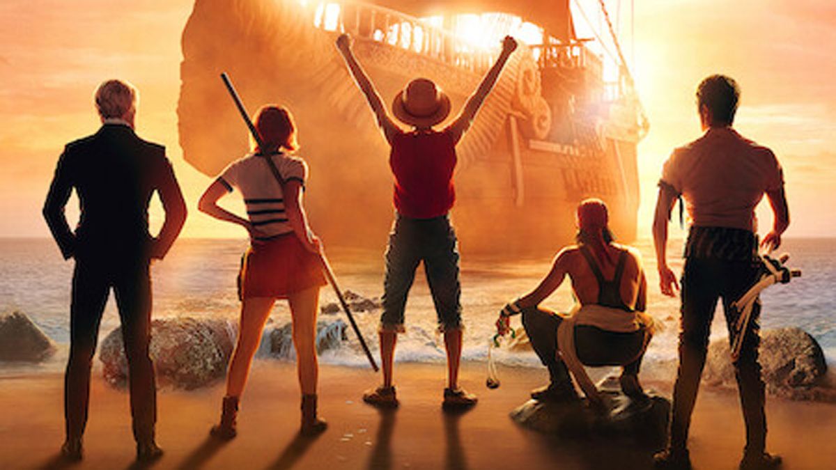 A screenshot of part of an official poster for Netflix&#039;s One Piece TV series that shows the back of its main cast