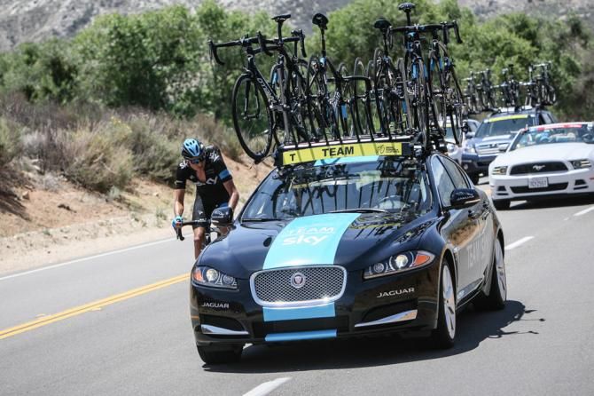 Danny Pate (Sky) goes back to the team car for more bottles