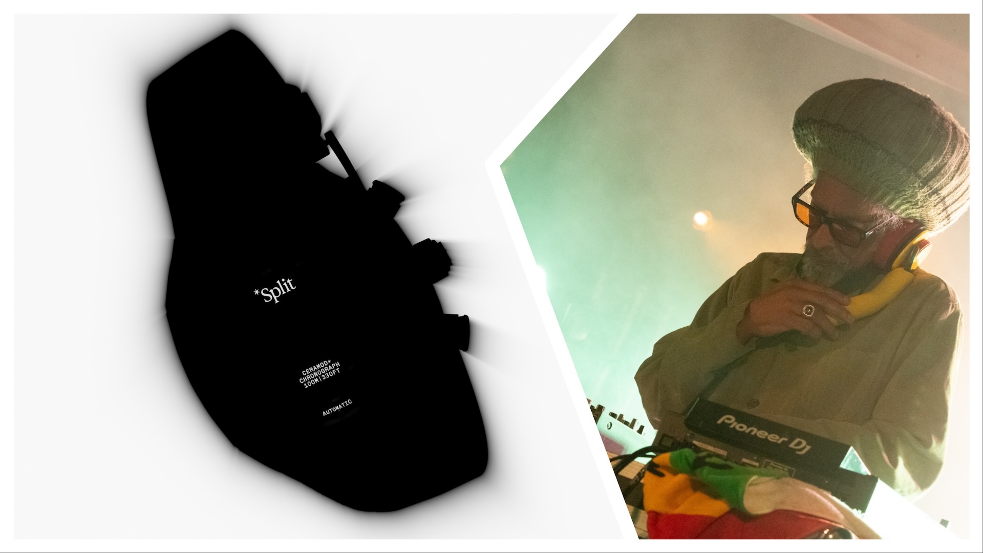 On the left a silhouette of the Split Watch and then on the right Don Letts DJing 