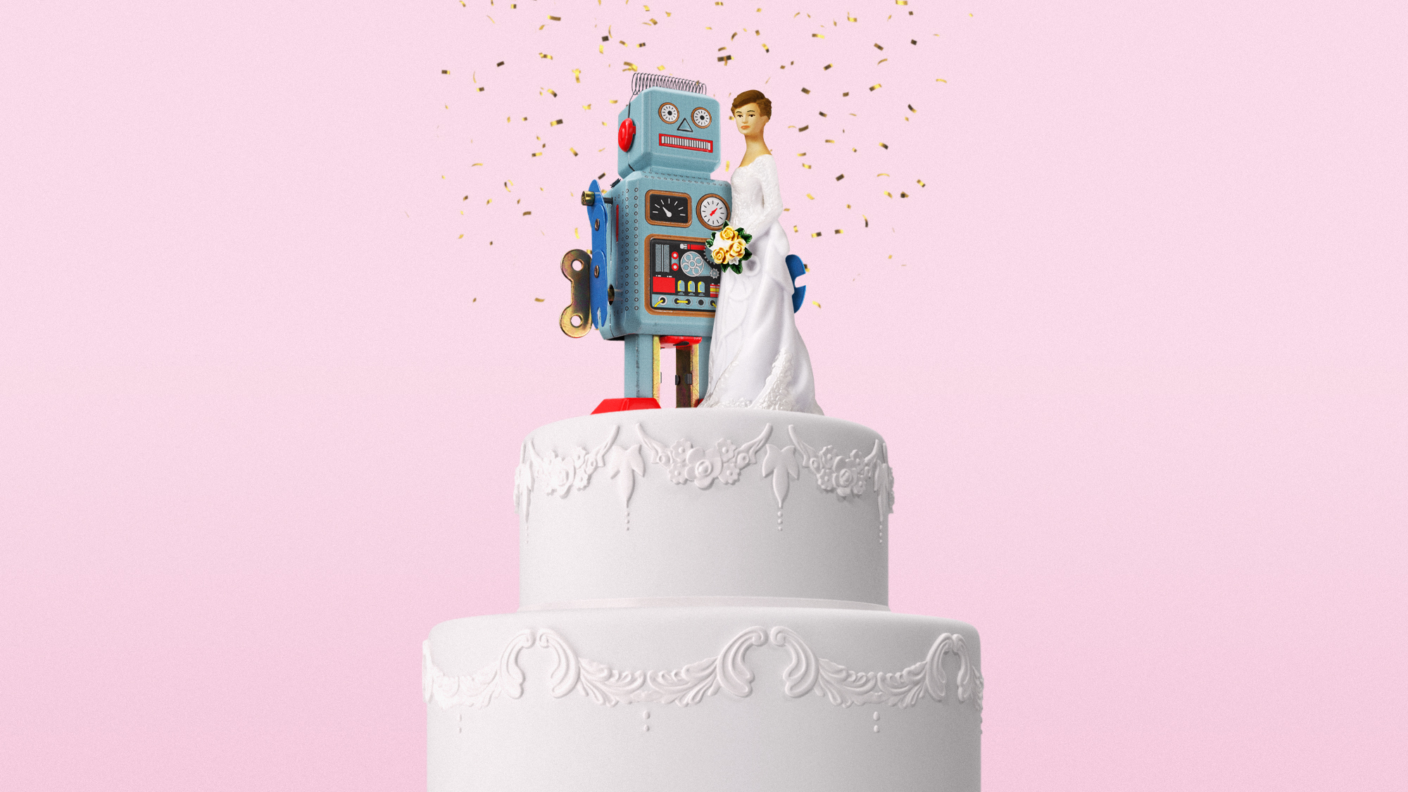 Photo composite illustration of a wedding cake with a human bride and robot groom topper