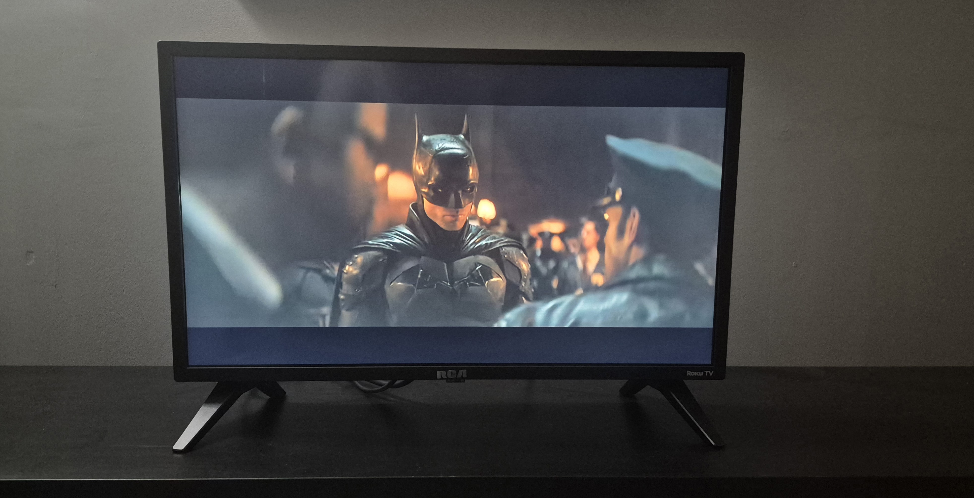 RCA Roku 24-inch HD TV displaying 'The Batman'